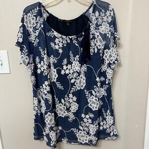 Atelier 29 Women’s Embossed Blouse Plus Sz 2X Navy/ White Elastic Neck